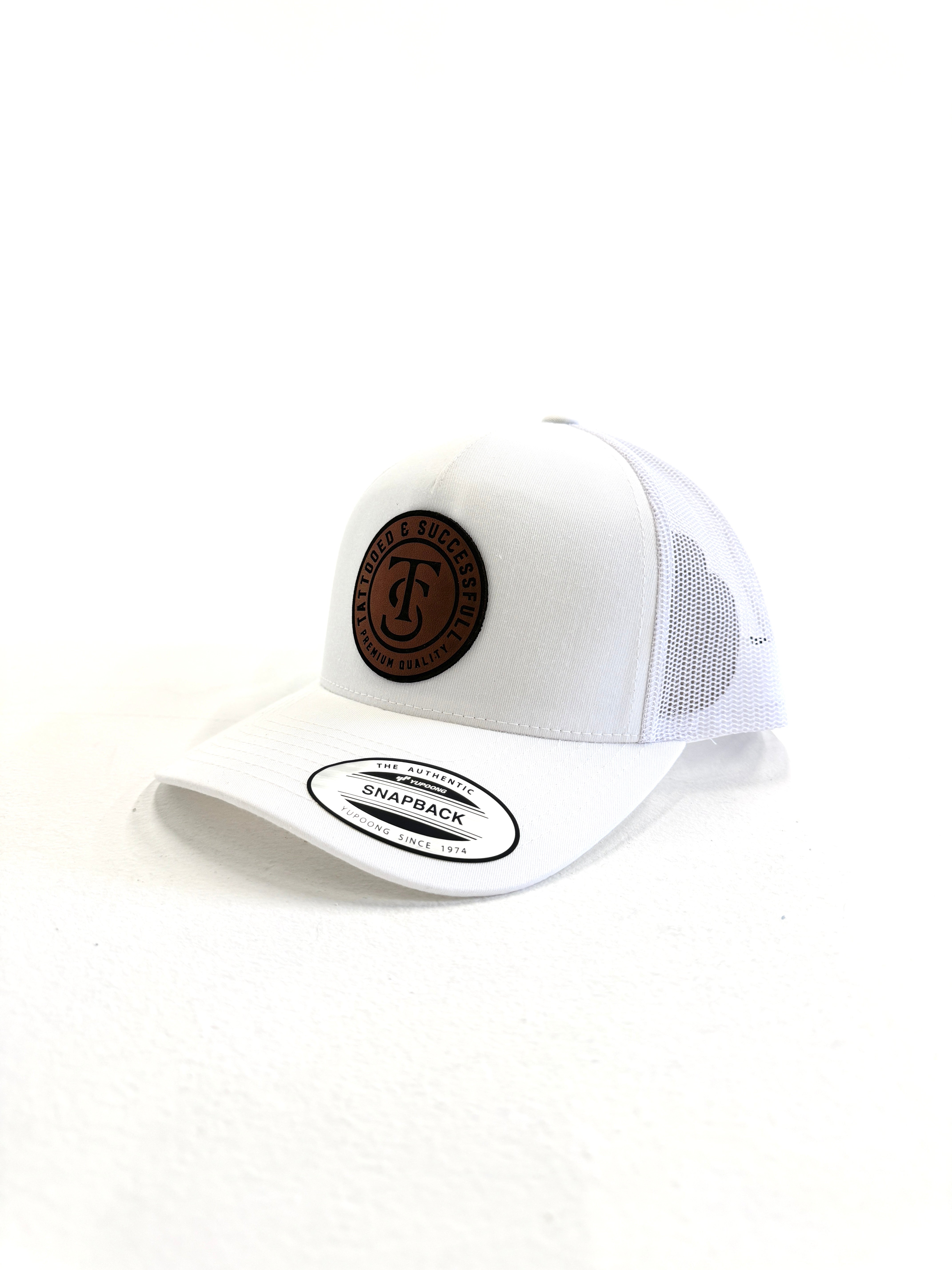 Leather Patch 5 Panel Retro Trucker Hat - White